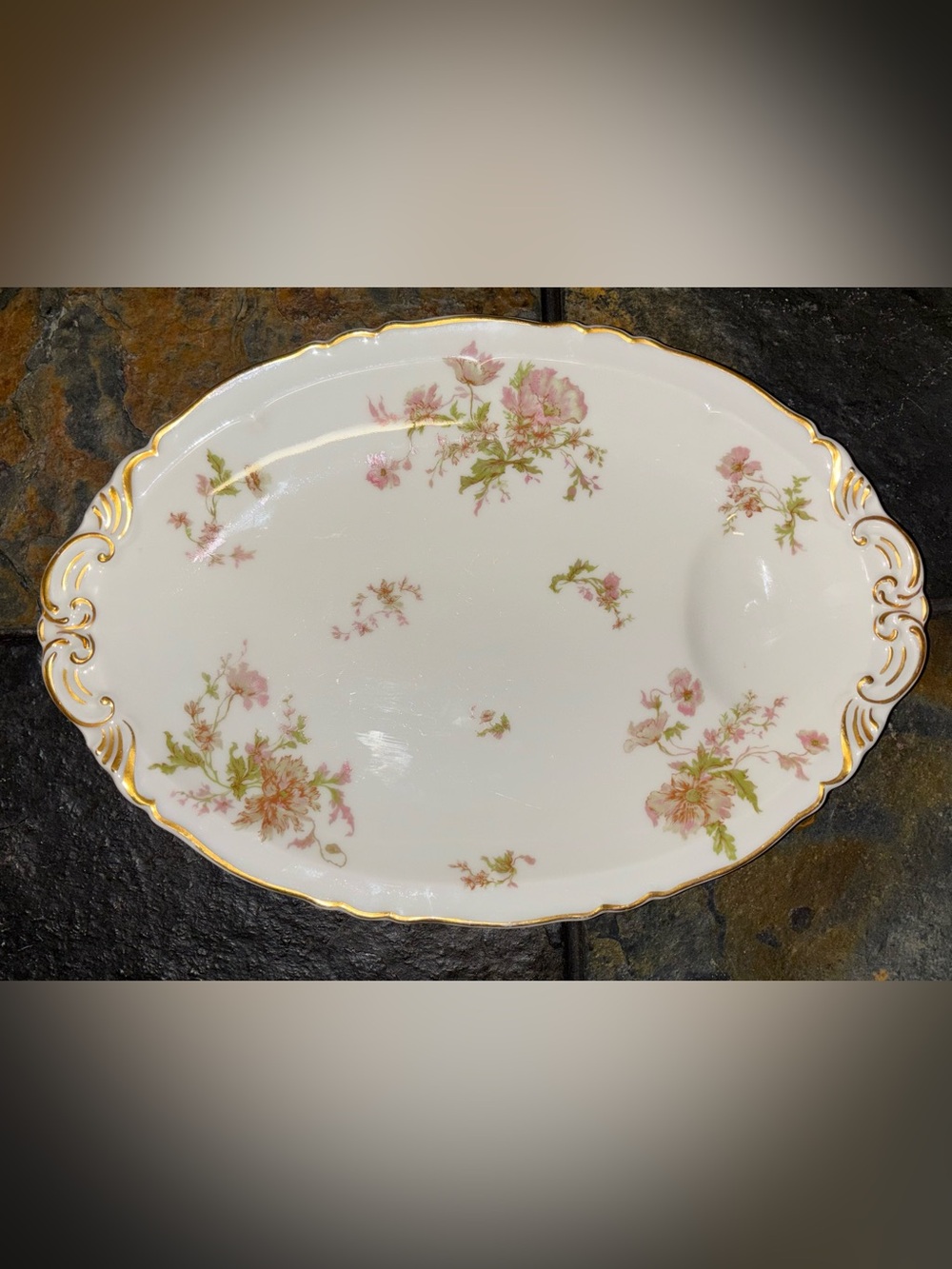 Antique Haviland Limoges Porcelain Serving Platter Poppy Pattern Mint Gold Trim